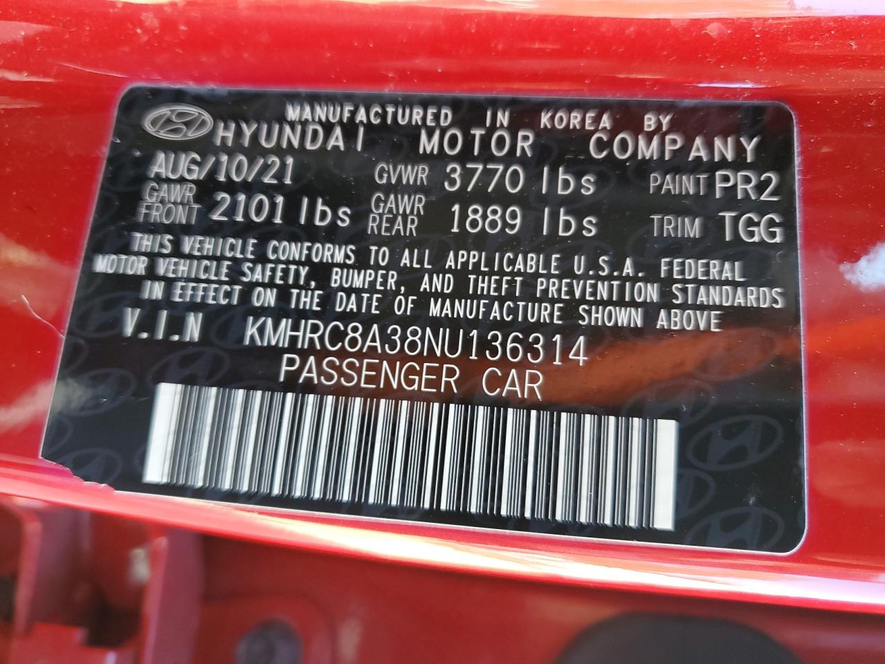 2022 HYUNDAI VENUE SEL VIN:KMHRC8A38NU136314