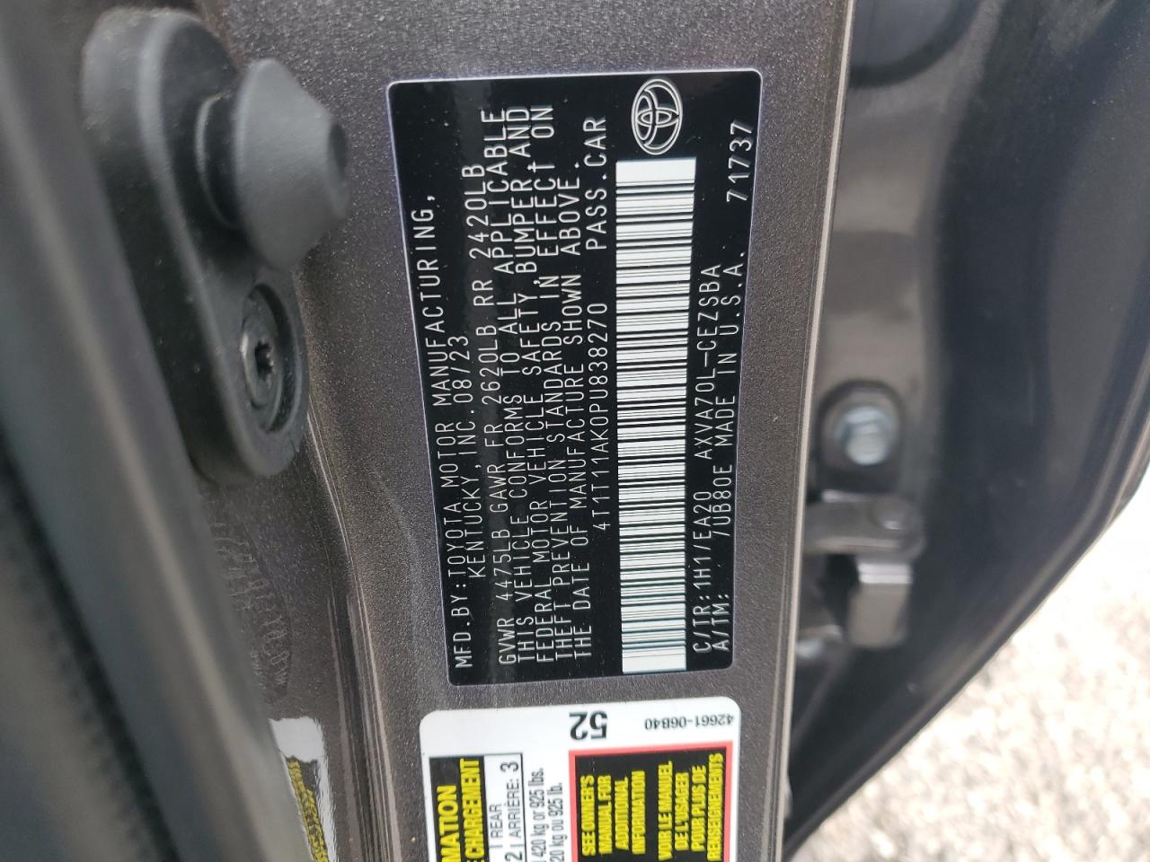 2023 TOYOTA CAMRY SE NIGHT SHADE VIN:4T1T11AK0PU838270