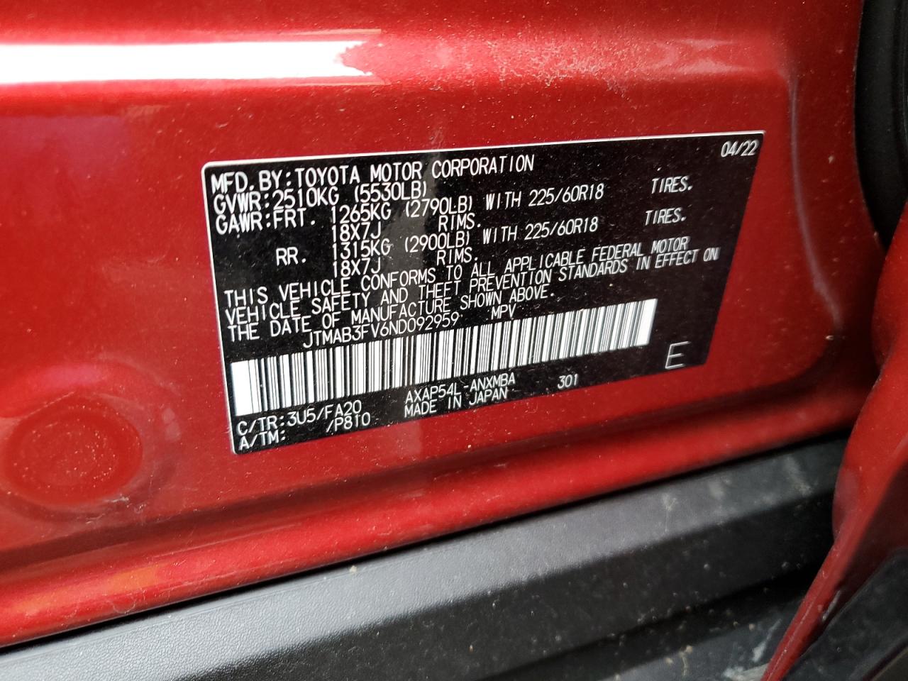 2022 TOYOTA RAV4 PRIME SE VIN:JTMAB3FV6ND092959