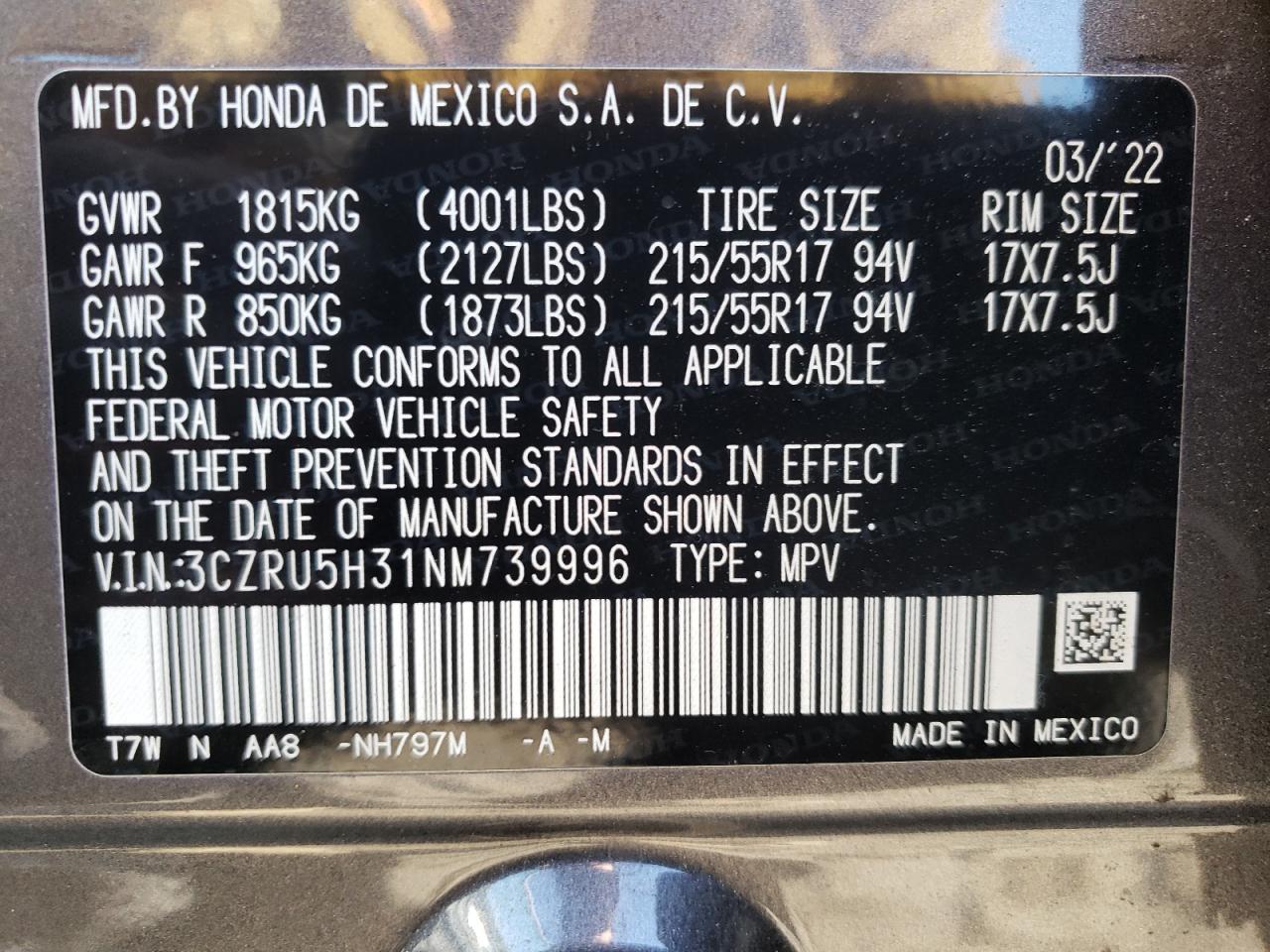 2022 HONDA HR-V LX VIN:3CZRU5H31NM739996