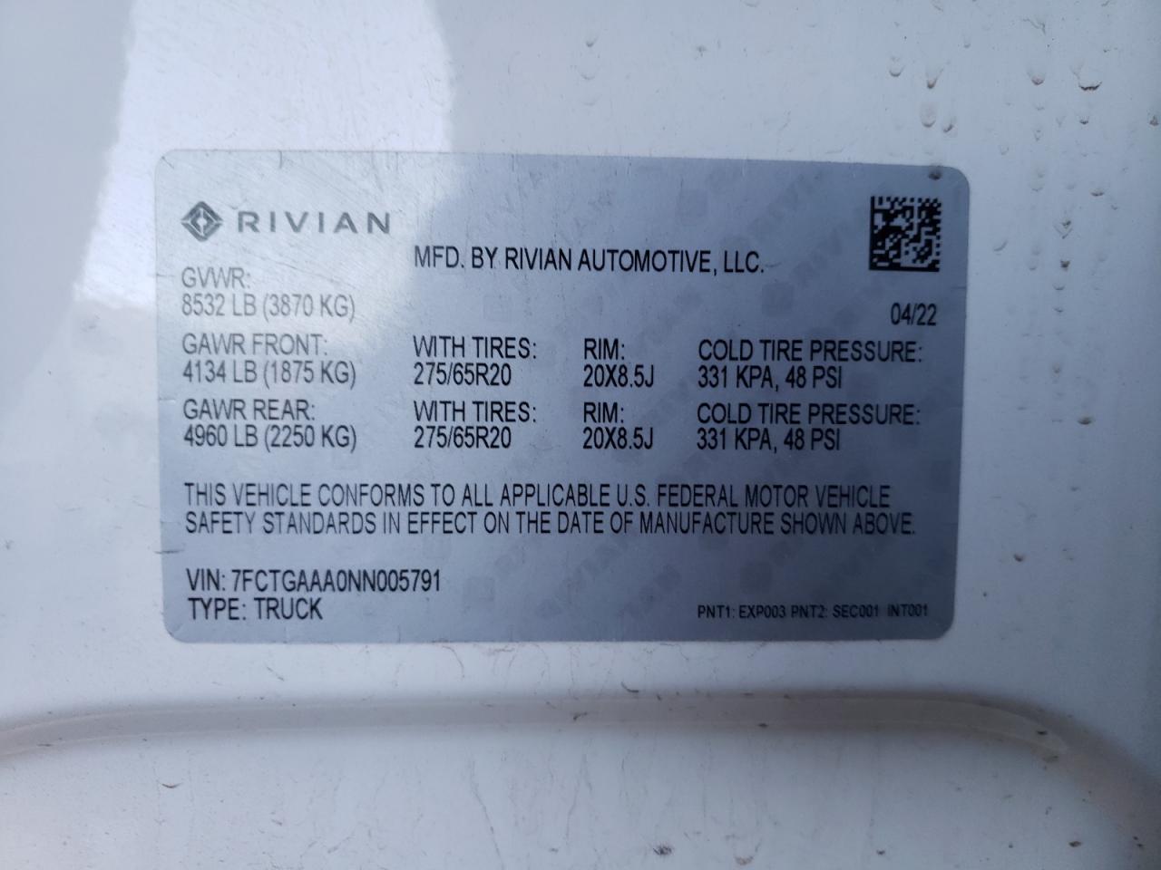 2022 RIVIAN R1T ADVENTURE VIN:7FCTGAAA0NN005791