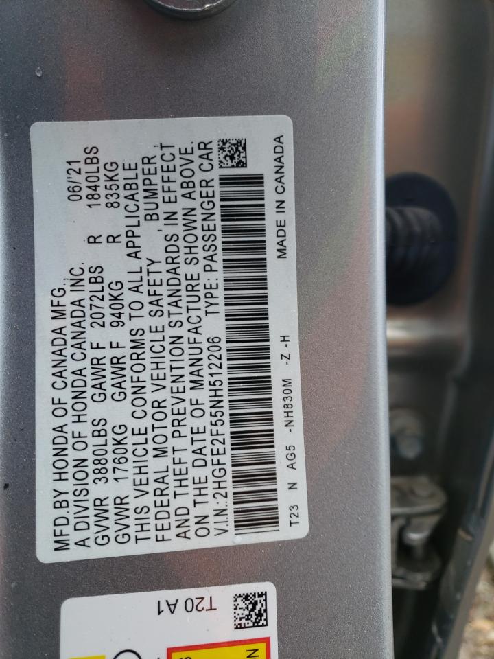 2022 HONDA CIVIC SPORT VIN:2HGFE2F55NH512206