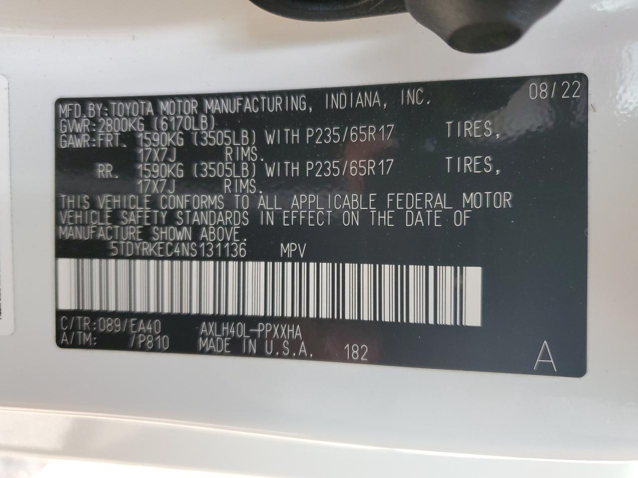 2022 TOYOTA SIENNA XLE VIN:5TDYRKEC4NS131136