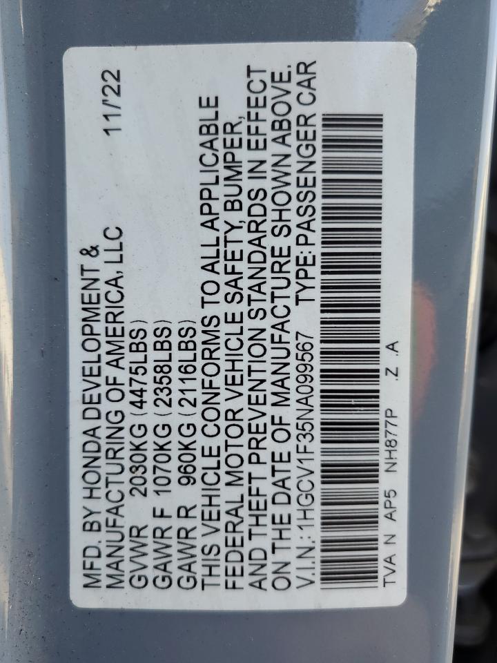 2022 HONDA ACCORD SPORT VIN:1HGCV1F35NA099567