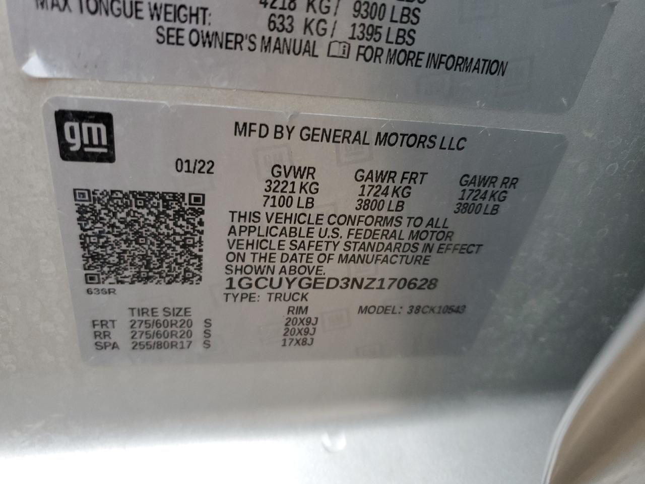 2022 CHEVROLET SILVERADO LTD K1500 LTZ VIN:1GCUYGED3NZ170628