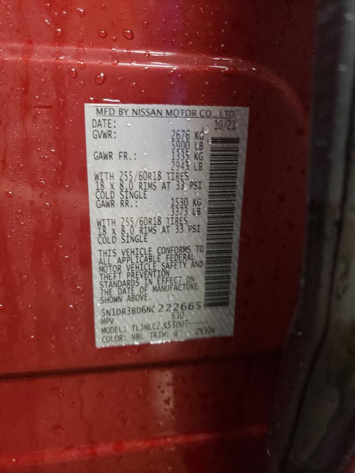 2022 NISSAN PATHFINDER SV VIN:5N1DR3BD6NC222665