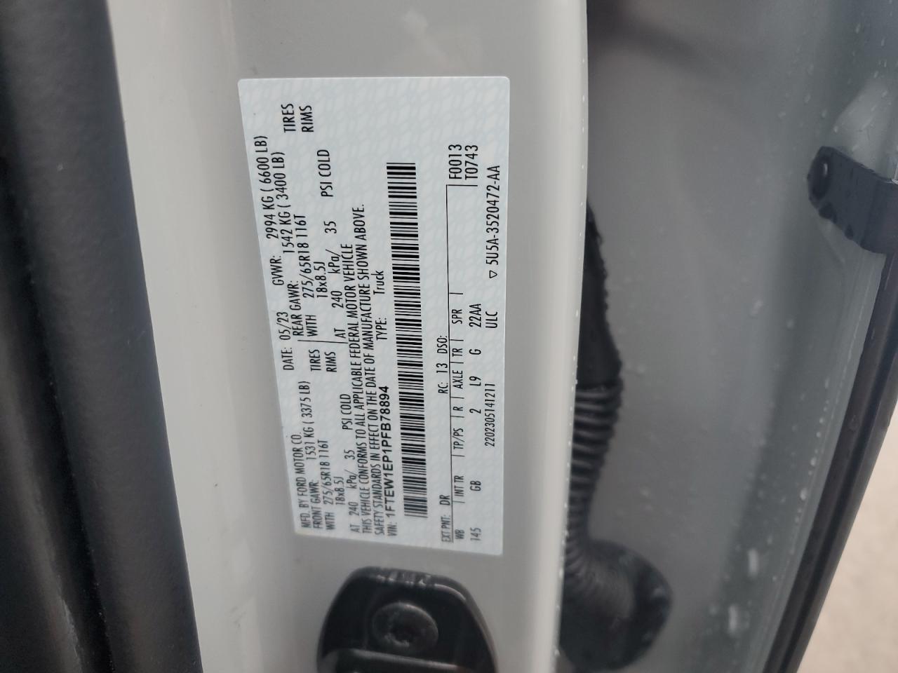 2023 FORD F150 SUPERCREW VIN:1FTEW1EP1PFB78894