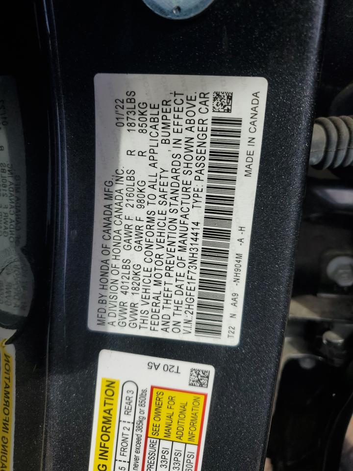 2022 HONDA CIVIC EX VIN:2HGFE1F73NH314414