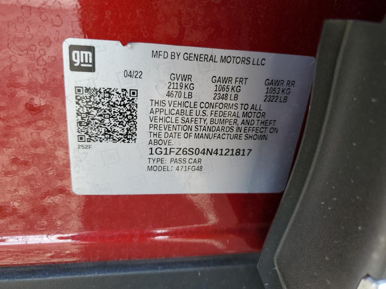 2022 CHEVROLET BOLT EUV PREMIER VIN:1G1FZ6S04N4121817