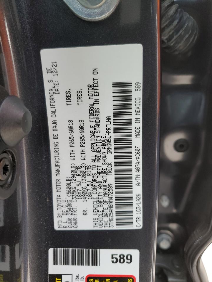 2022 TOYOTA TACOMA DOUBLE CAB VIN:3TMGZ5AN8NM472589