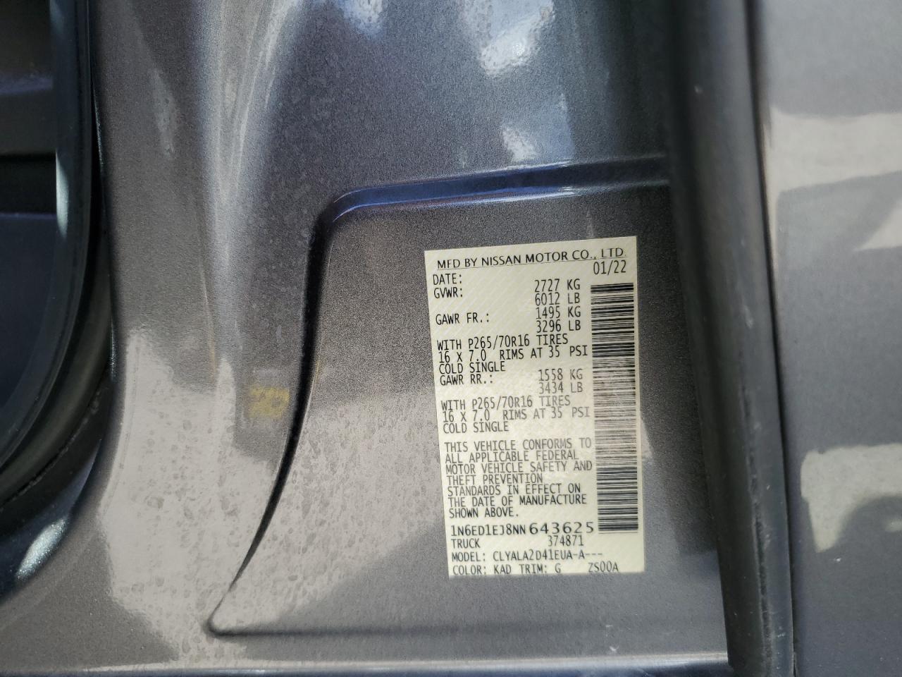 2022 NISSAN FRONTIER S VIN:1N6ED1EJ8NN643625