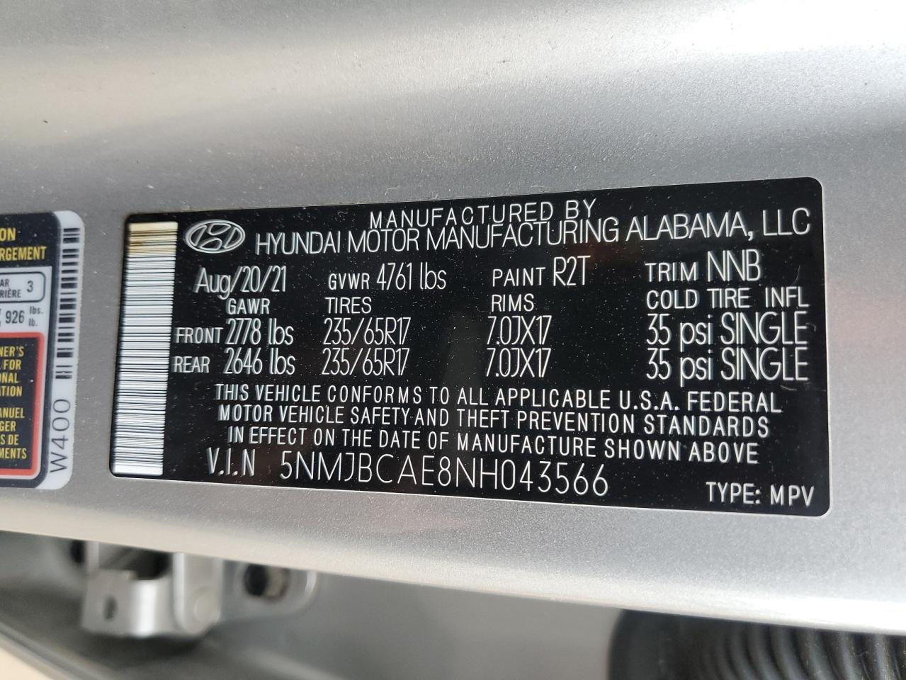 2022 HYUNDAI TUCSON SEL VIN:5NMJBCAE8NH043566