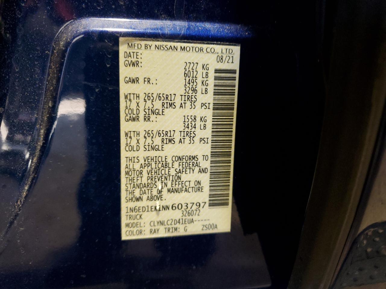 2022 NISSAN FRONTIER S VIN:1N6ED1EK1NN603797