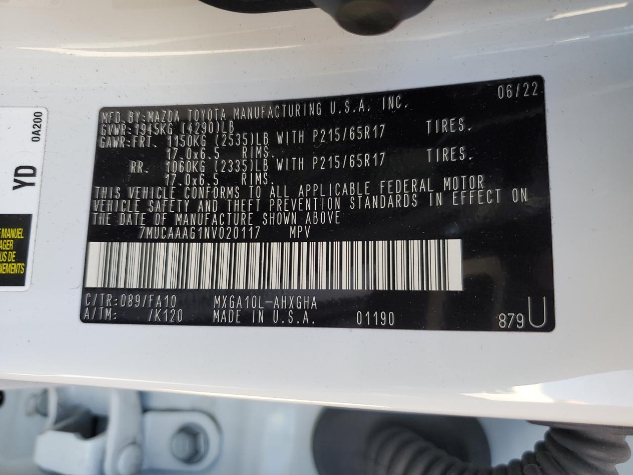 2022 TOYOTA COROLLA CROSS LE VIN:7MUCAAAG1NV020117