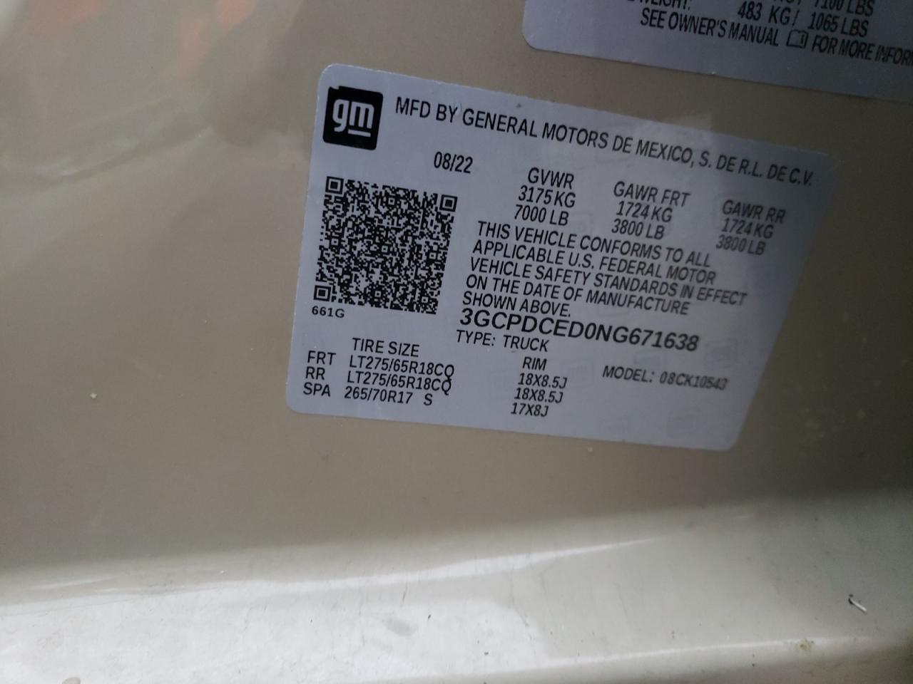 2022 CHEVROLET SILVERADO K1500 TRAIL BOSS CUSTOM VIN:3GCPDCED0NG671638