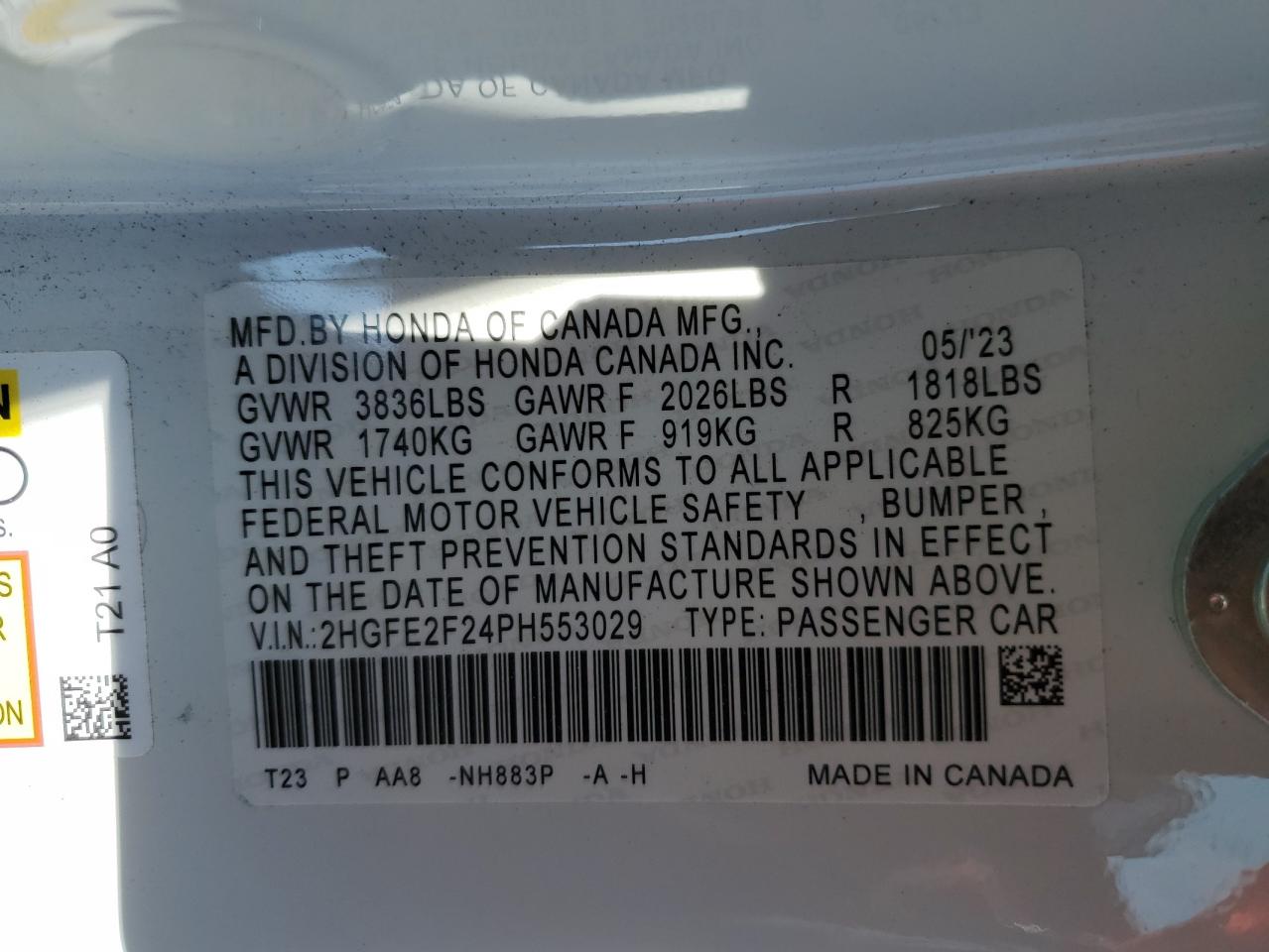 2023 HONDA CIVIC LX VIN:2HGFE2F24PH553029