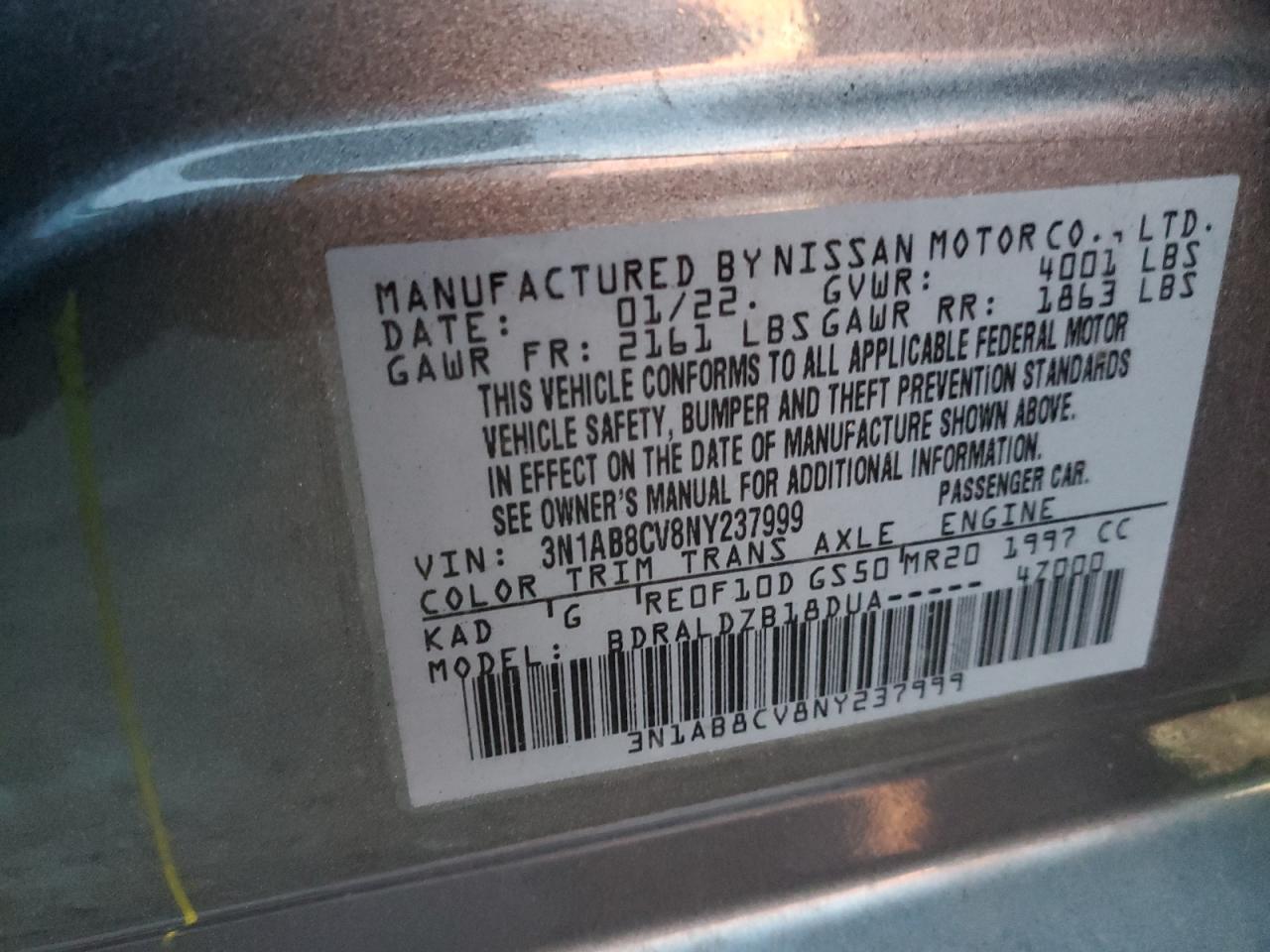 2022 NISSAN SENTRA SV VIN:3N1AB8CV8NY237999