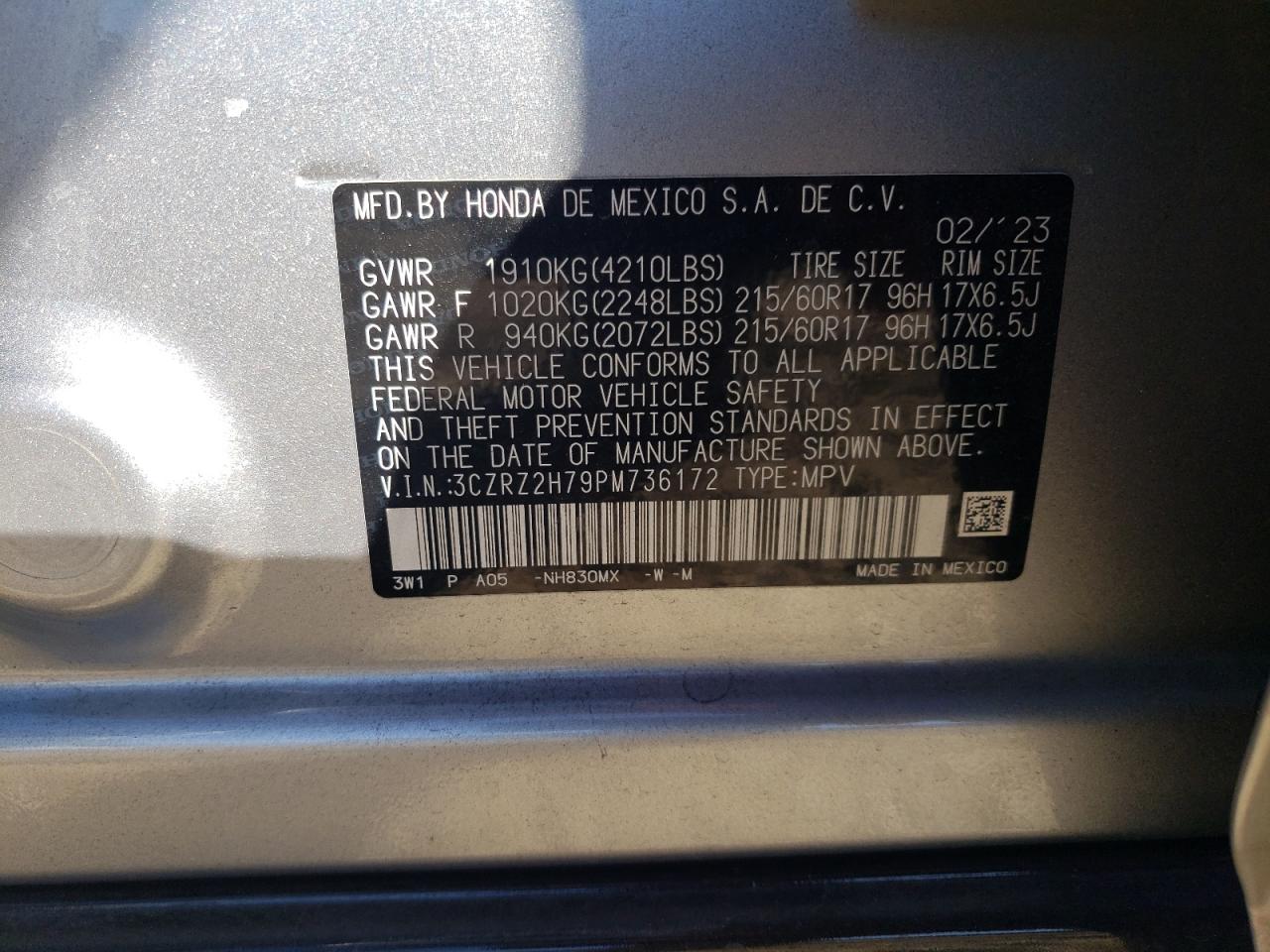2023 HONDA HR-V EXL VIN:3CZRZ2H79PM736172