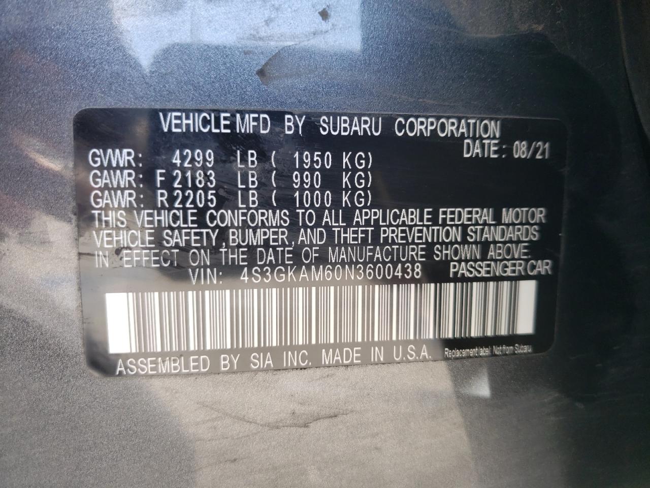 2022 SUBARU IMPREZA SPORT VIN:4S3GKAM60N3600438