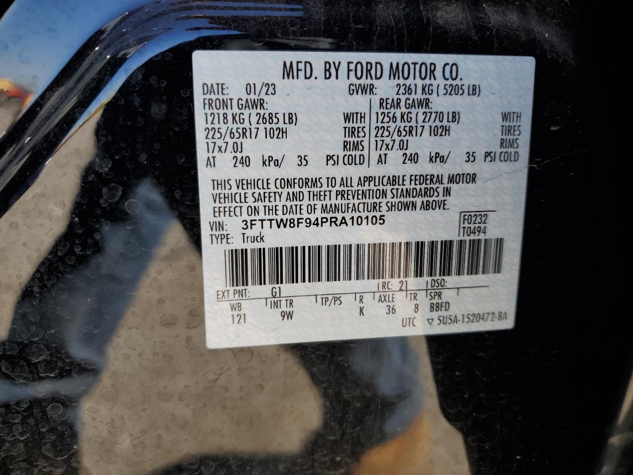 2023 FORD MAVERICK XL VIN:3FTTW8F94PRA10105