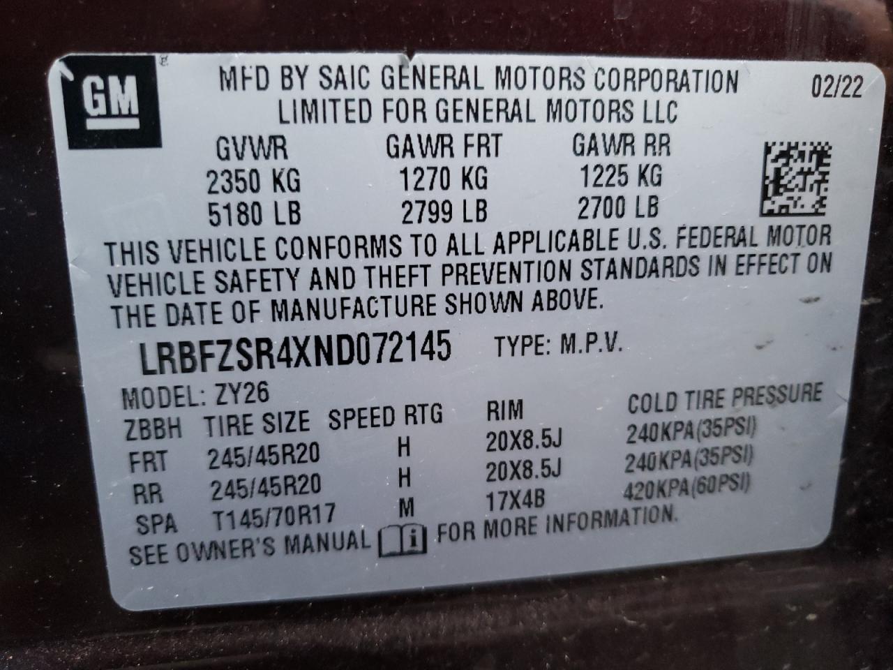 2022 BUICK ENVISION AVENIR VIN:LRBFZSR4XND072145