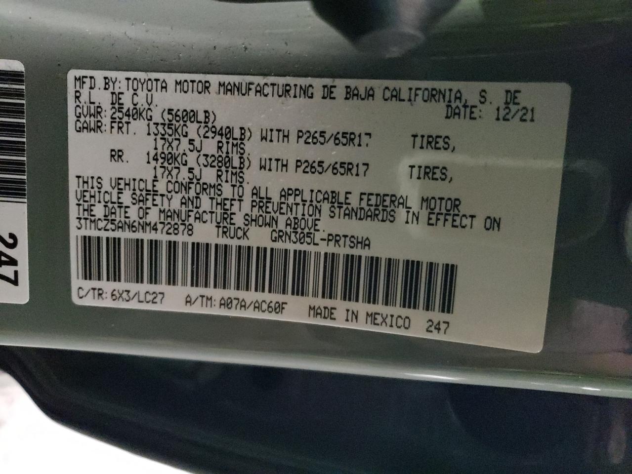 2022 TOYOTA TACOMA DOUBLE CAB VIN:3TMCZ5AN6NM472878