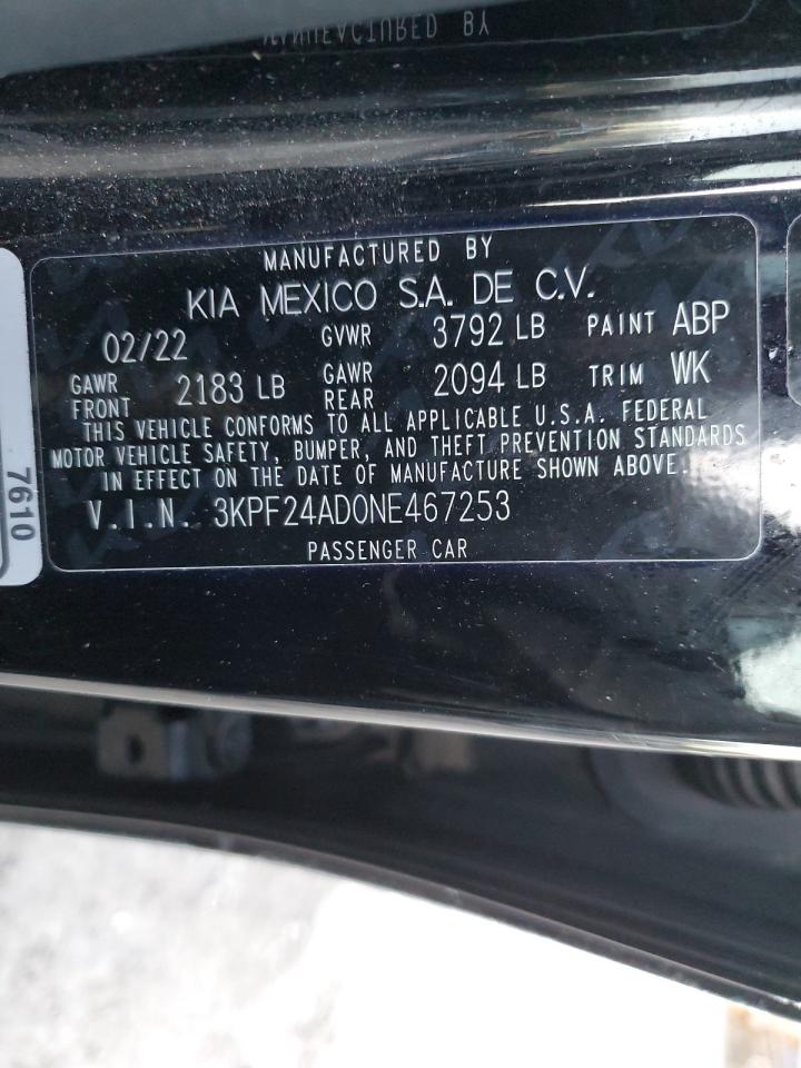 2022 KIA FORTE FE VIN:3KPF24AD0NE467253