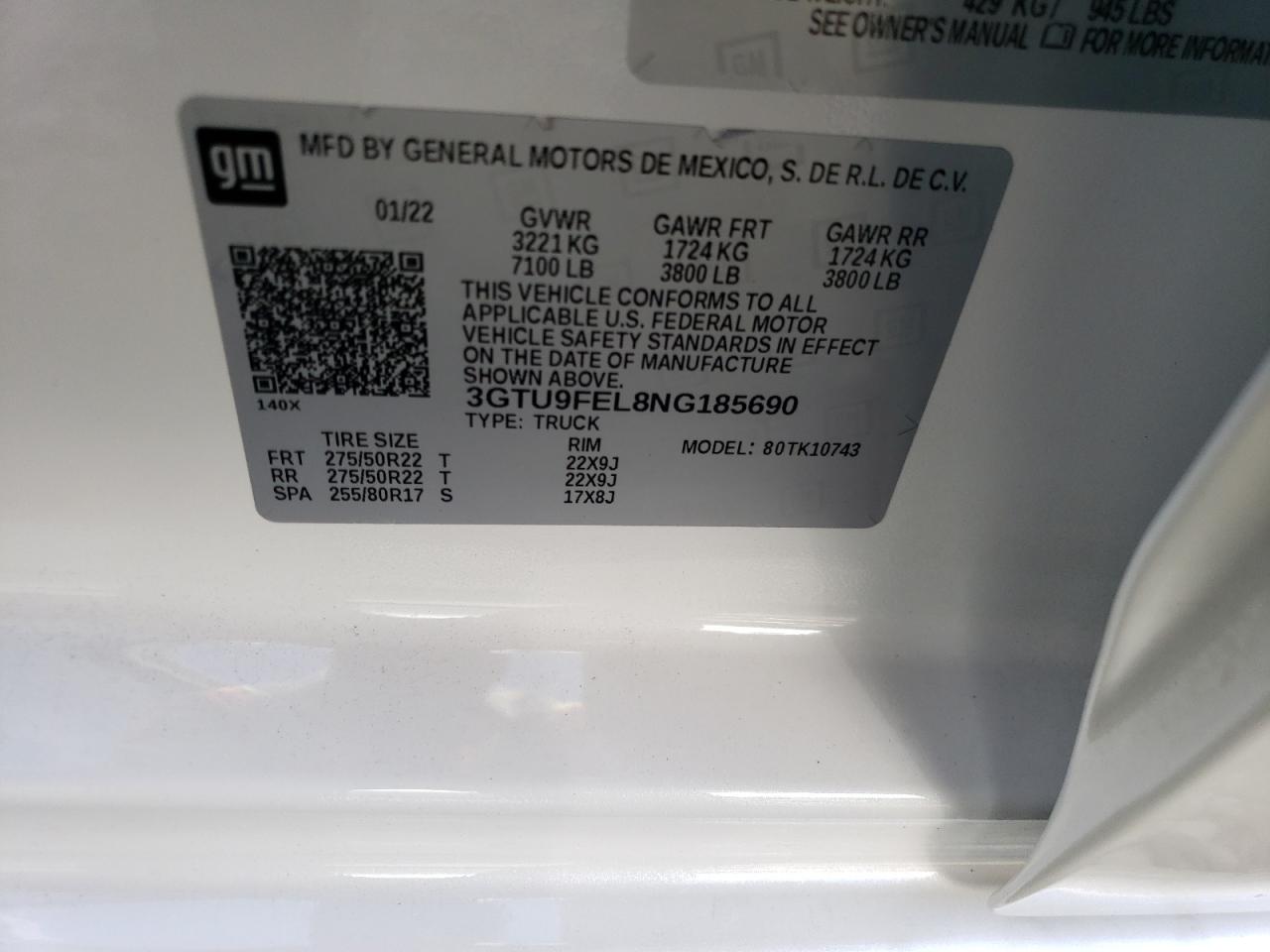 2022 GMC SIERRA LIMITED K1500 DENALI VIN:3GTU9FEL8NG185690