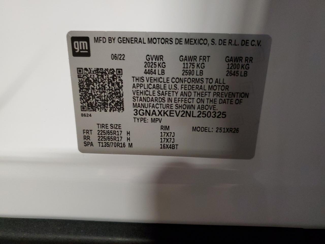 2022 CHEVROLET EQUINOX LT VIN:3GNAXKEV2NL250325