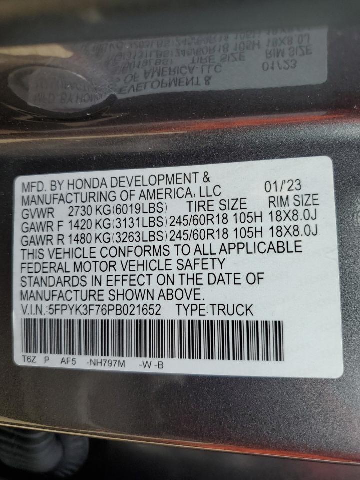 2023 HONDA RIDGELINE RTL-E VIN:5FPYK3F76PB021652