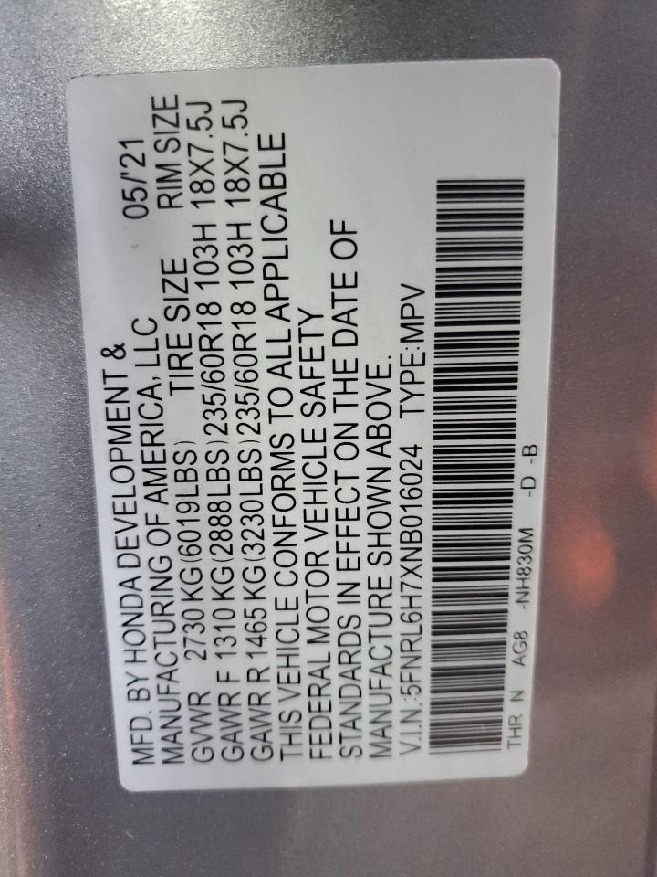 2022 HONDA ODYSSEY EXL VIN:5FNRL6H7XNB016024