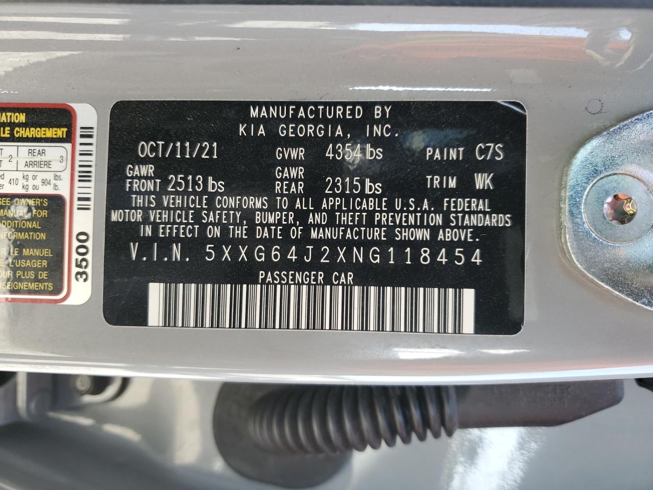 2022 KIA K5 GT LINE VIN:5XXG64J2XNG118454