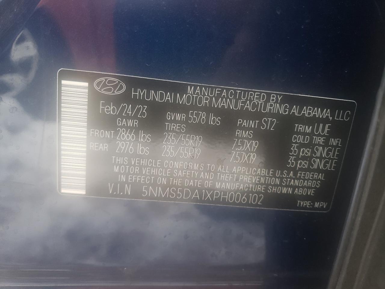 2023 HYUNDAI SANTA FE LIMITED VIN:5NMS5DA1XPH006102