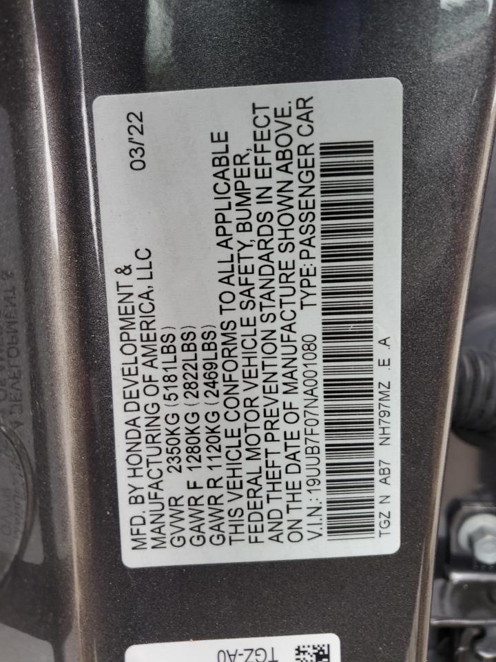 2022 ACURA TLX TYPE S VIN:19UUB7F07NA001080