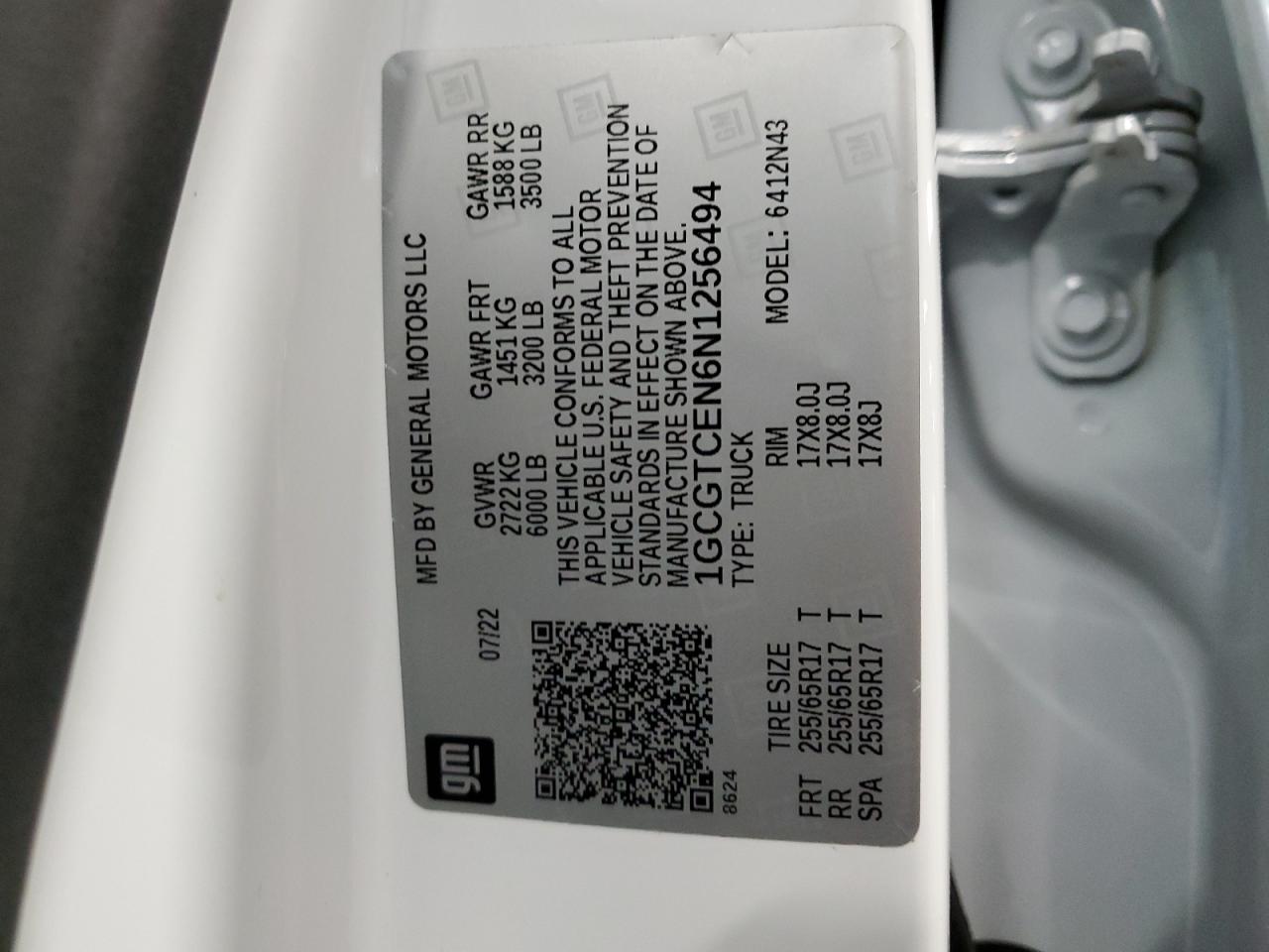 2022 CHEVROLET COLORADO LT VIN:1GCGTCEN6N1256494