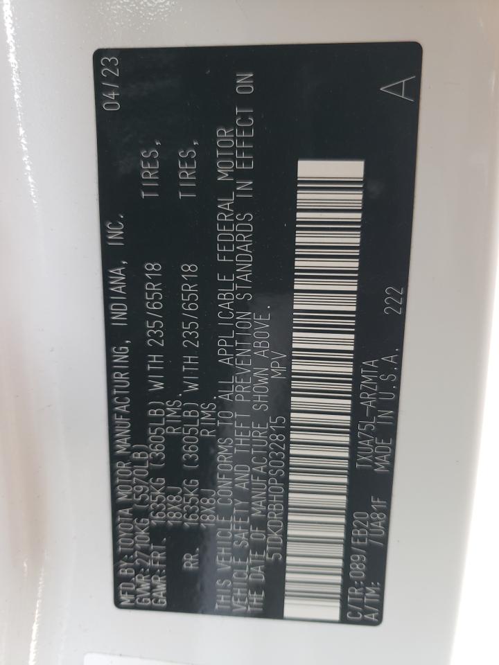 2023 TOYOTA HIGHLANDER L VIN:5TDKDRBH0PS032815