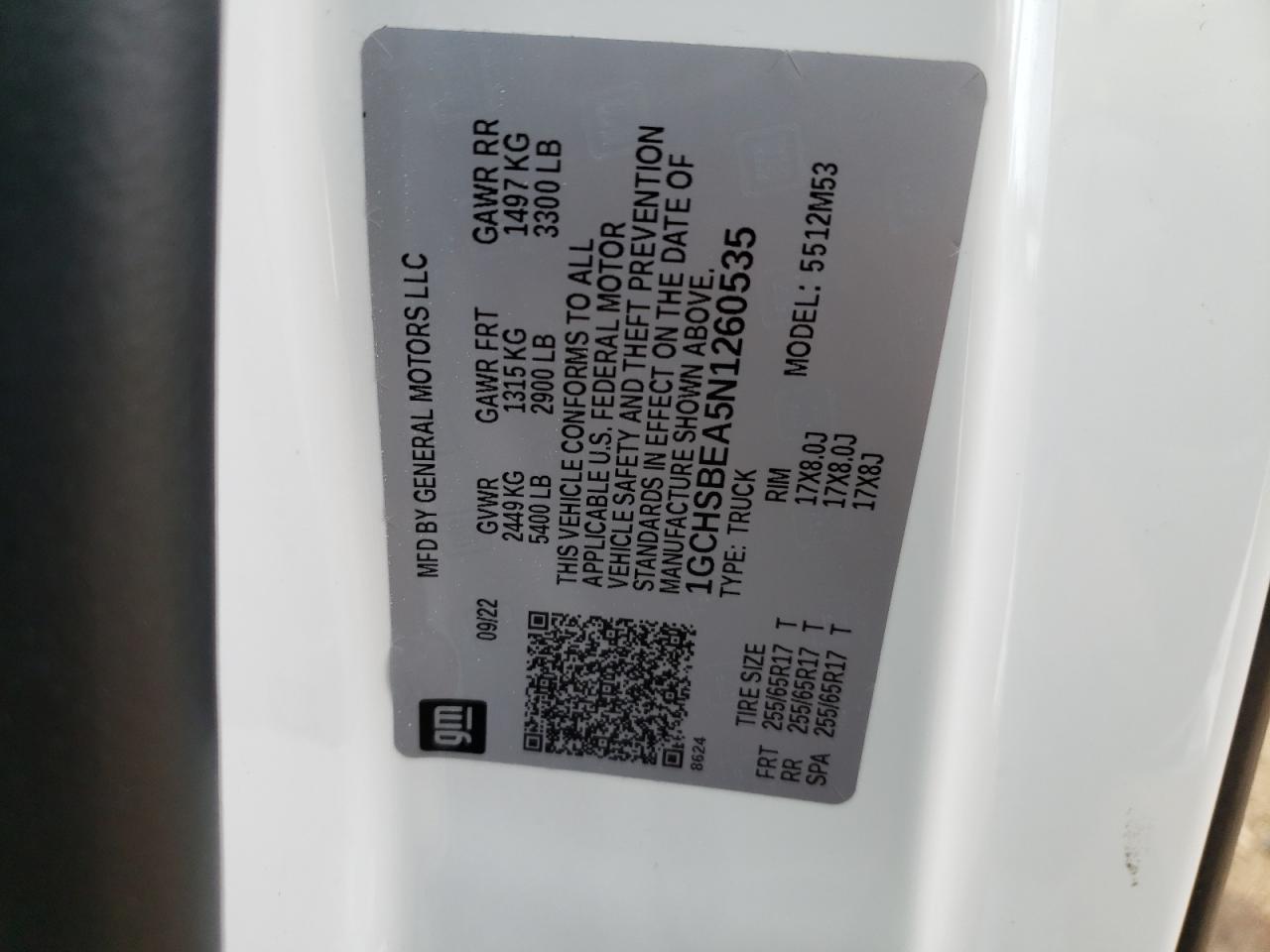 2022 CHEVROLET COLORADO  VIN:1GCHSBEA5N1260535