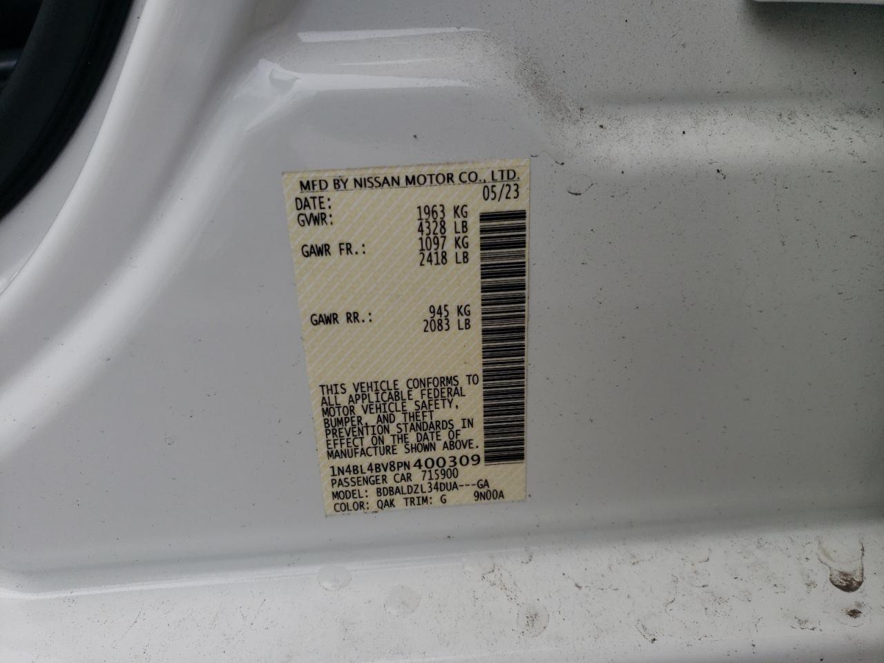 2023 NISSAN ALTIMA S VIN:1N4BL4BV8PN400309