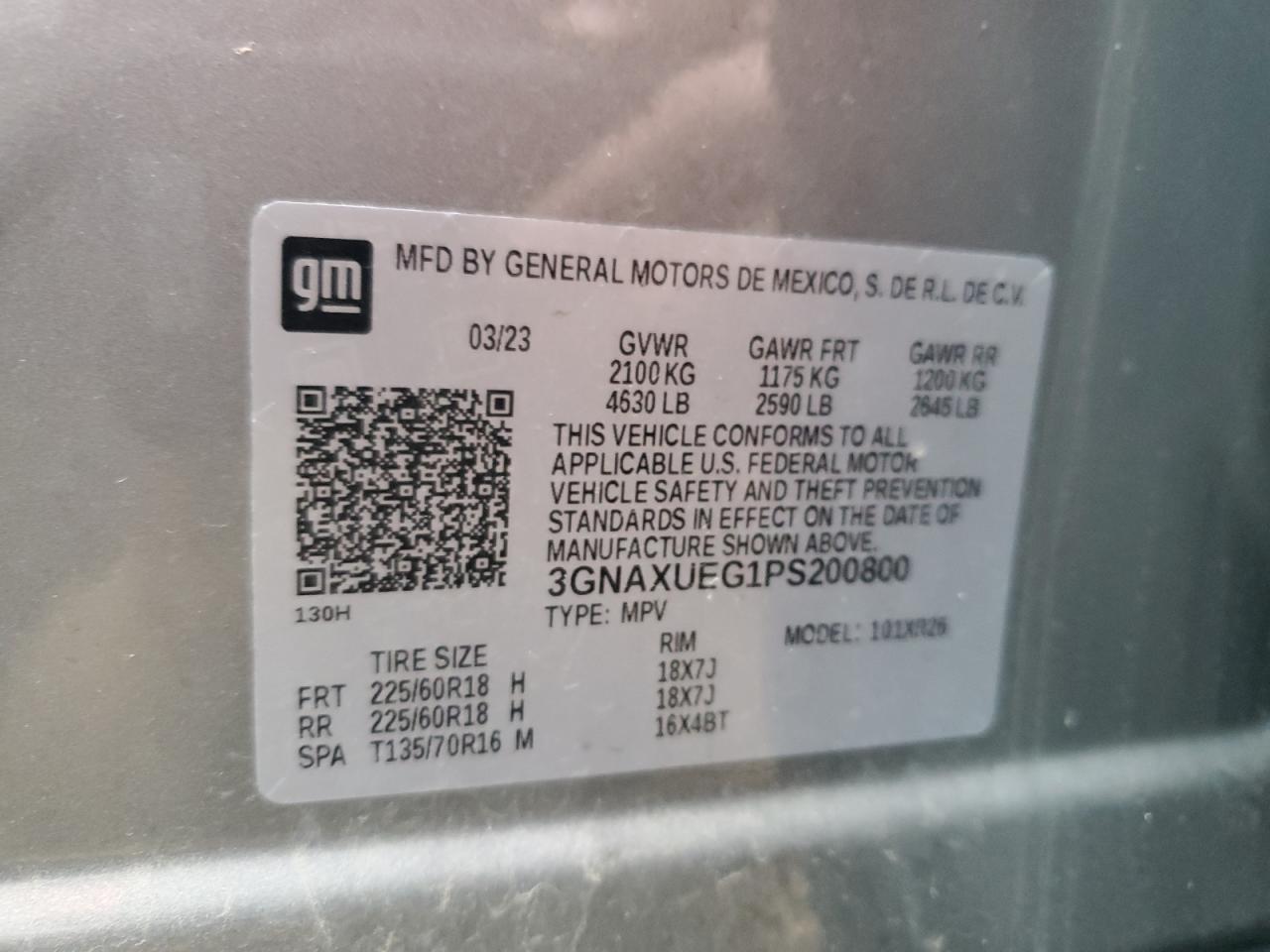 2023 CHEVROLET EQUINOX LT VIN:3GNAXUEG1PS200800