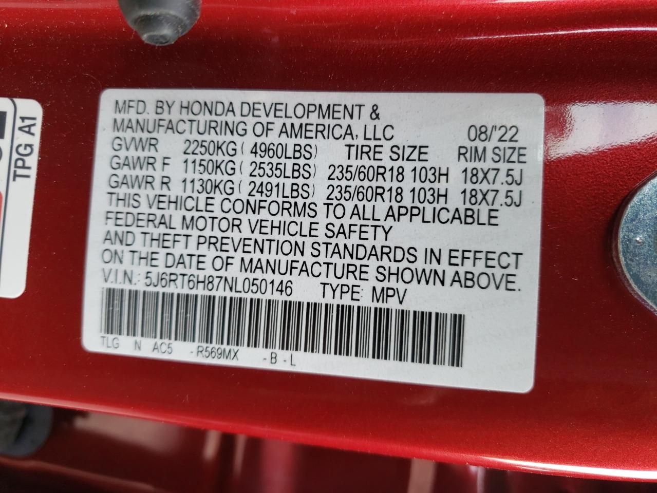 2022 HONDA CR-V EXL VIN:5J6RT6H87NL050146