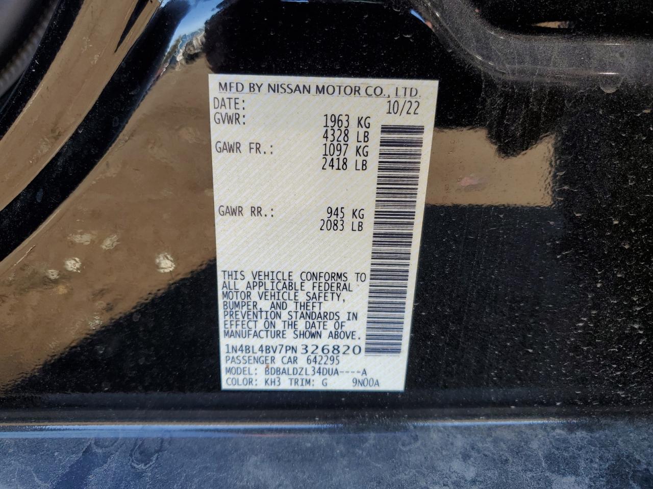 2023 NISSAN ALTIMA S VIN:1N4BL4BV7PN326820