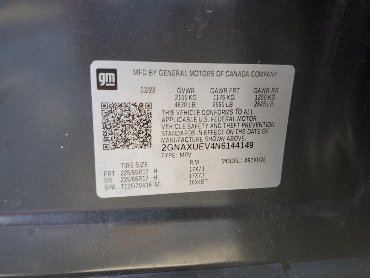 2022 CHEVROLET EQUINOX LT VIN:2GNAXUEV4N6144149