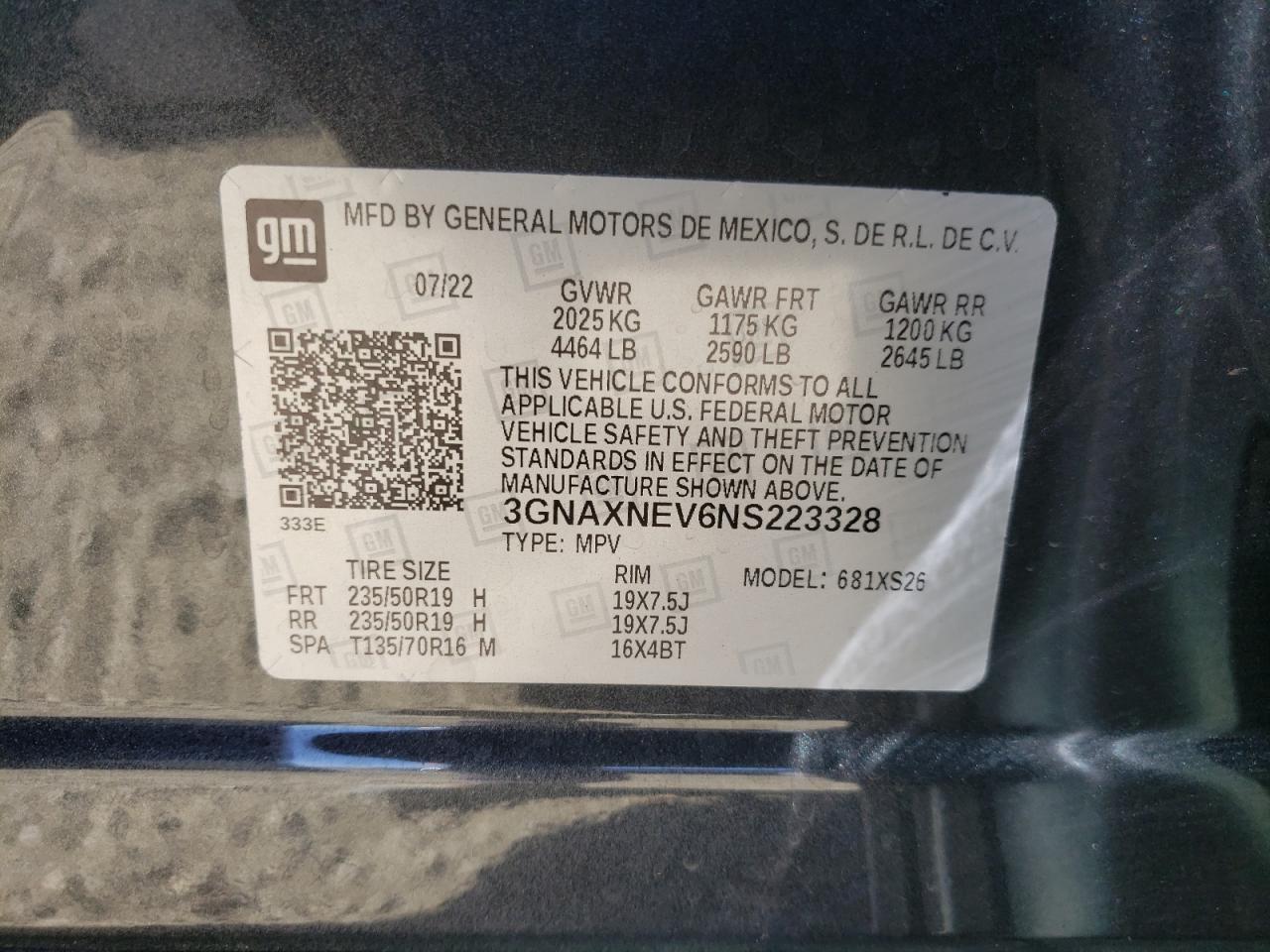 2022 CHEVROLET EQUINOX PREMIER VIN:3GNAXNEV6NS223328