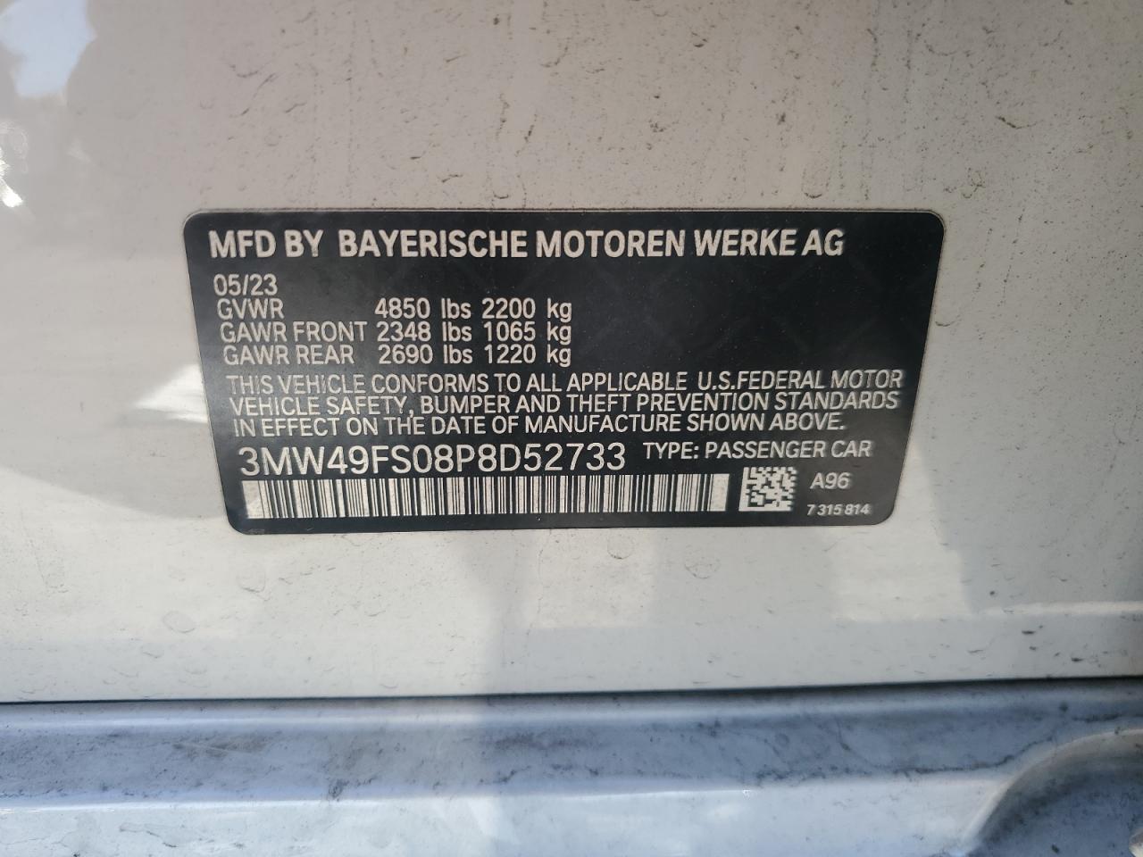 2023 BMW M340I  VIN:3MW49FS08P8D52733