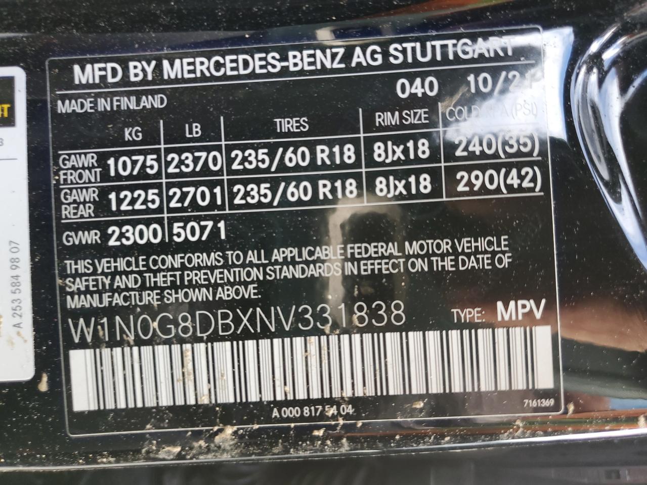 2022 MERCEDES-BENZ GLC 300 VIN:W1N0G8DBXNV331838