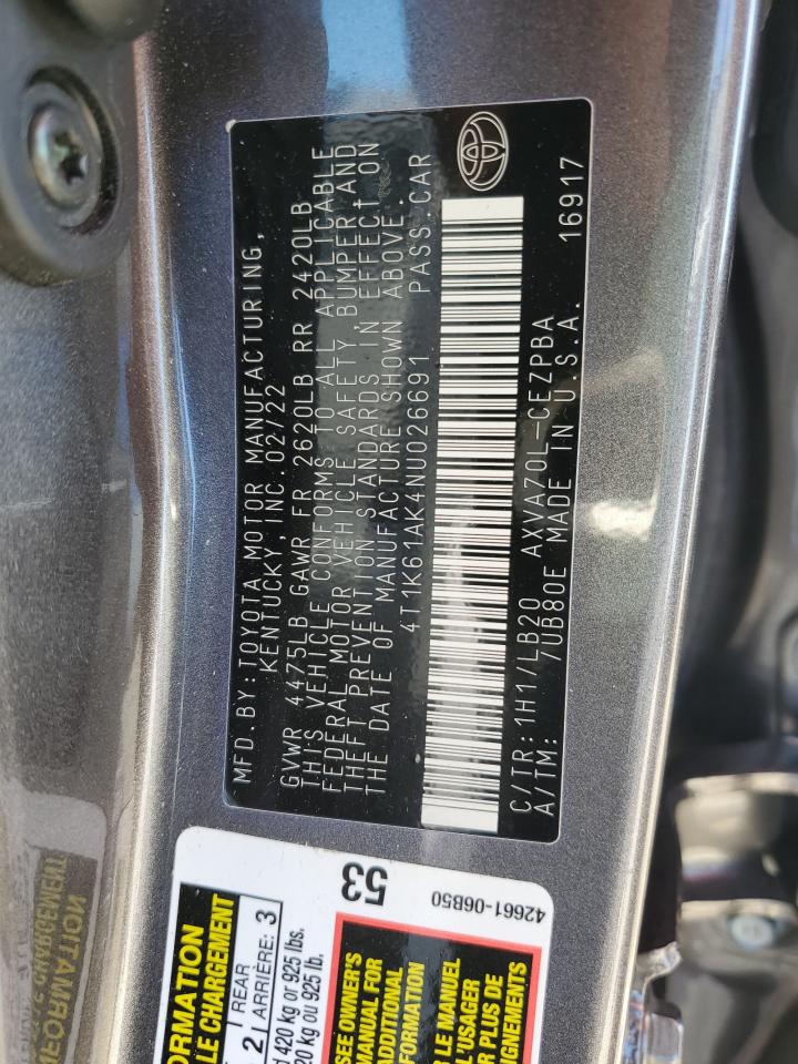 2022 TOYOTA CAMRY XSE VIN:4T1K61AK4NU026691