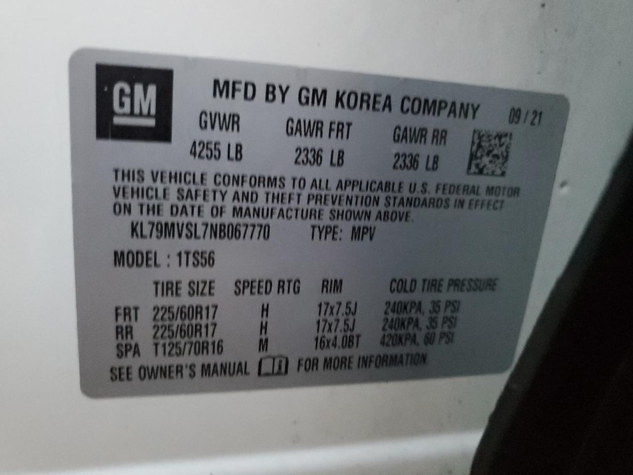 2022 CHEVROLET TRAILBLAZER ACTIV VIN:KL79MVSL7NB067770