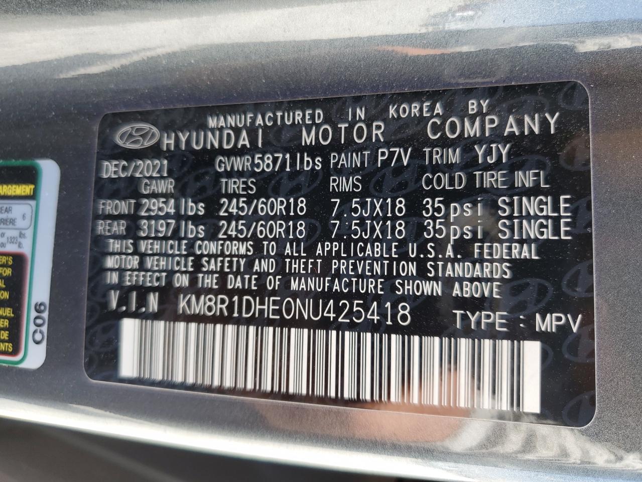 2022 HYUNDAI PALISADE SE VIN:KM8R1DHE0NU425418