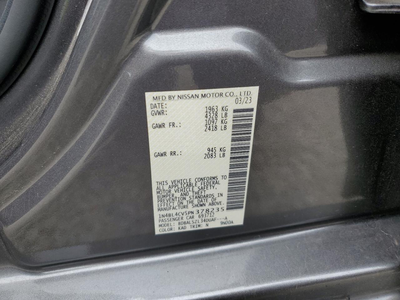 2023 NISSAN ALTIMA SR VIN:1N4BL4CV5PN378235