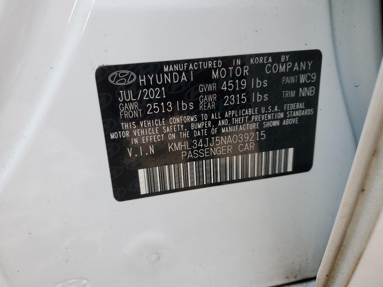 2022 HYUNDAI SONATA HYBRID VIN:KMHL34JJ5NA039215